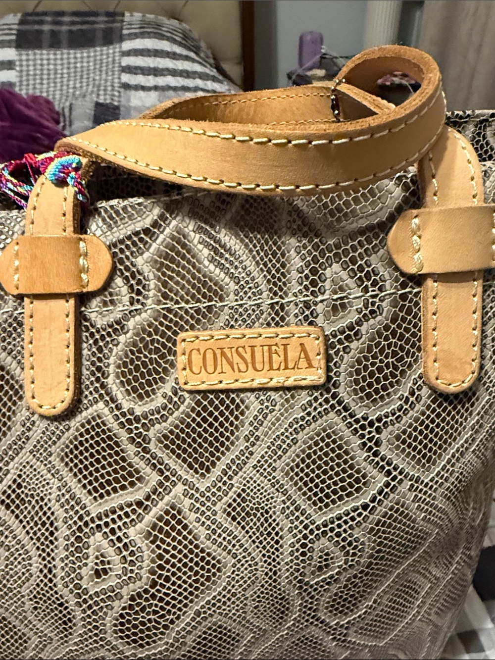 Consuela Neutral Snake-Print Tote with Tan Leather Accents - Picture 5 of 7